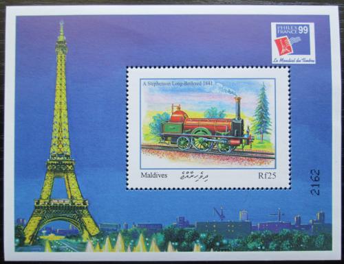 Poštovní známka Maledivy 1999 Parní lokomotiva Mi# Block 439