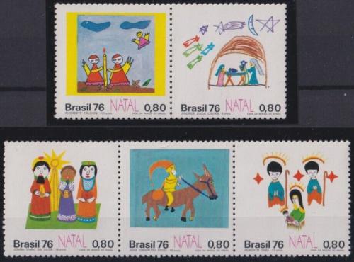 Poštovní známky Brazílie 1976 Vánoce, dìtské kresby Mi# 1564-68