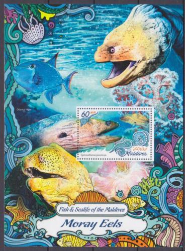 Poštovní známka Maledivy 2016 Murény Mi# Block 997 Kat 7.50€