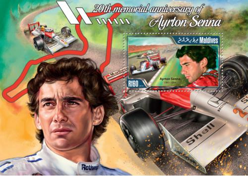 Poštovní známka Maledivy 2014 Ayrton Senna, Formule 1 Mi# Block 675 Kat 7.50€