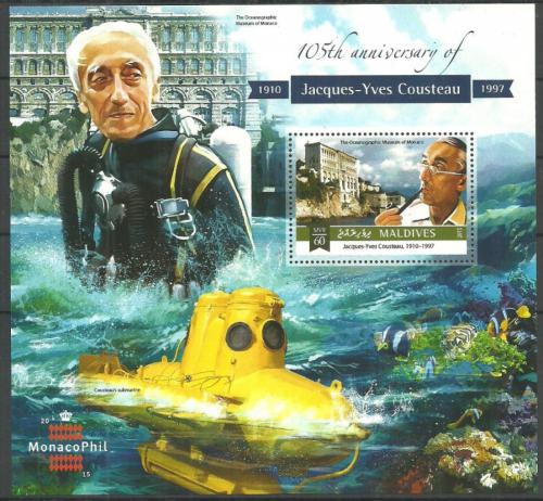 Poštovní známka Maledivy 2015 Jacques-Yves Cousteau, oceánograf Mi# Block 835