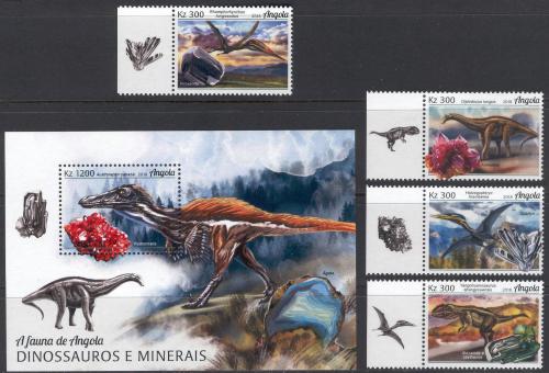 Poštovní známky Angola 2018 Dinosauøi a minerály Mi# 1936-39 + Block 153