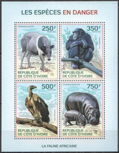 Poštovní známky Pobøeží Slonoviny 2014 Ohrožené druhy Mi# 1619-22 Kat 8.50€