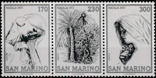 Poštovní známky San Marino 1977 Vánoce, kresby, Emilio Greco Mi# 1150-52