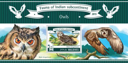 Poštovní známka Maledivy 2015 Sovy Mi# Block 781