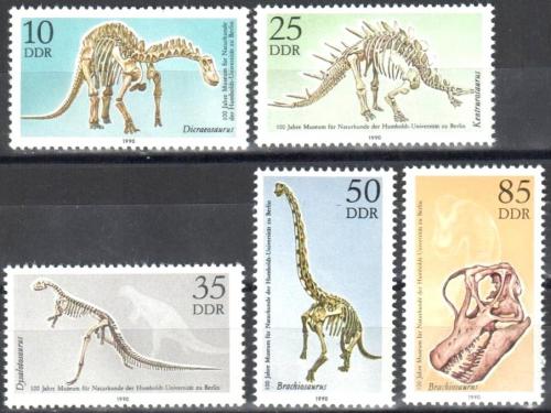 Poštovní známky DDR 1990 Kostry dinosaurù Mi# 3324-28