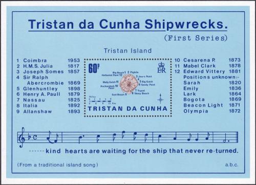 Poštovní známka Tristan da Cunha 1985 Mapa ostrova a ztroskotání lodí Mi# Block 17