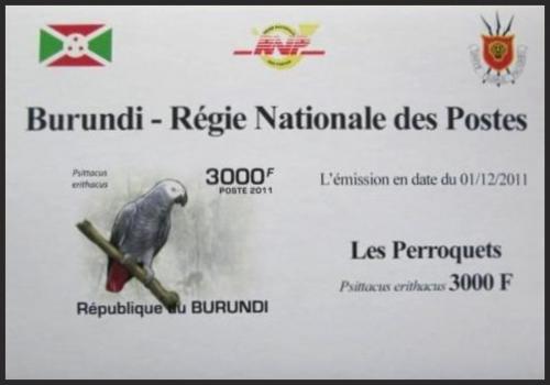 Potovn znmka Burundi 2011 Papouek ed neperf. DELUXE Mi# 1977 B Block