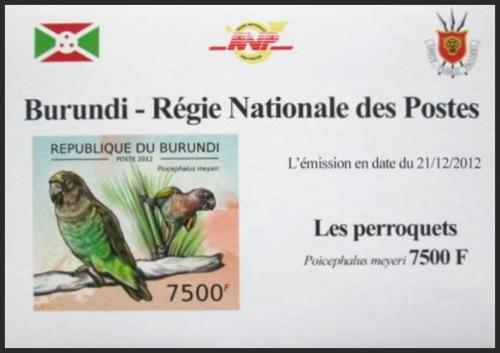 Potovn znmka Burundi 2012 Papouek lutotemenn neperf DELUXE Mi# 2817 B Block - zvtit obrzek