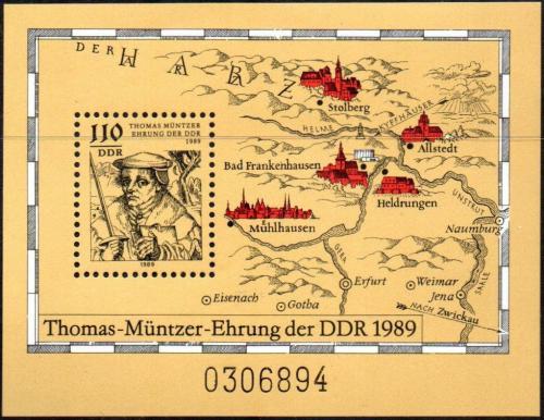 Poštovní známka DDR 1989 Thomas Müntzer, mapa Mi# Block 97