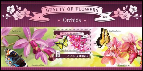 Potovn znmka Maledivy 2015 Motli a orchideje Mi# Block 828 - zvtit obrzek