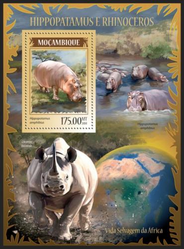 Poštovní známka Mosambik 2014 Nosorožci a hroši Mi# Block 905 Kat 10€