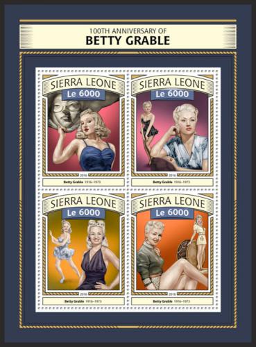 Poštovní známky Sierra Leone 2016 Betty Grable, hereèka Mi# 7753-56 Kat 11€
