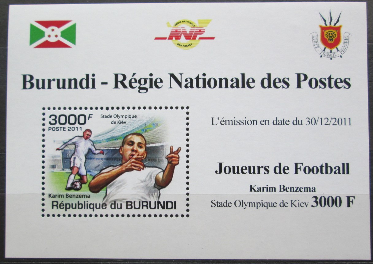 Poštovní známka Burundi 2011 Karim Benzema, fotbal Mi# 2141 Block 